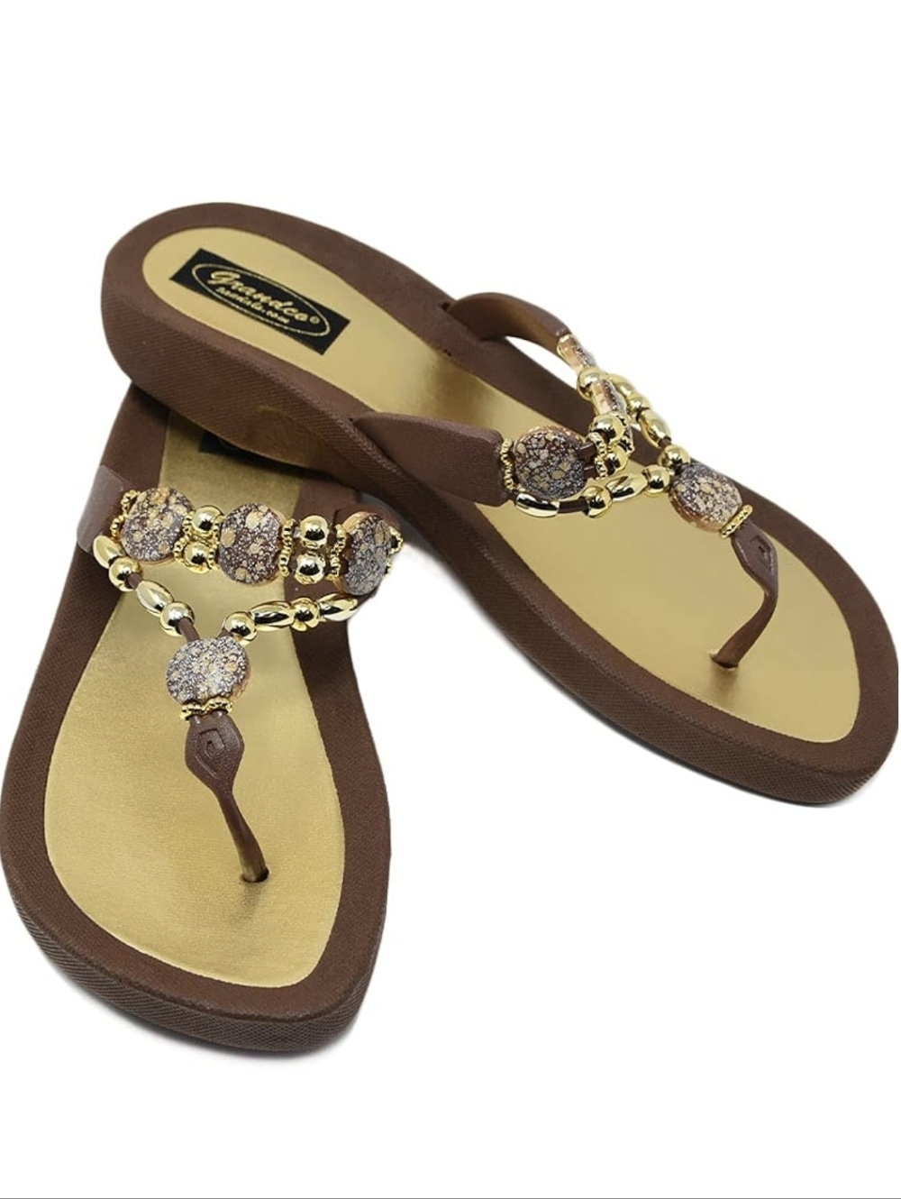 Grandco Brown Beaded Jeweled Wedge Flip Flops T-Strap Sandals Size 9